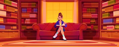 Young woman reading book in library at home or university. Thoughtful girl student or bookworm sitting on luxury couch in large room with volume rows around on shelves, Cartoon vector illustration