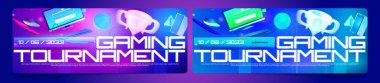Gaming tournament banners with computer and trophy cup in neon colors. Vector posters of cyber games competition, professional esport championship with cartoon illustration
