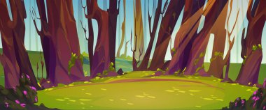 Forest glade cartoon nature background, summer landscape with deciduous tree trunks, green meadow with grass, bushes, flowers and sunlight spots on ground. Scenery fairy wood vector illustration