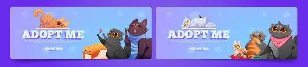 Set of adopt me cartoon banners with cats. Vector illustration of abandoned hungry homeless animals looking with big eyes, playing, sleeping, asking for help. Pet adoption promo flyer templates