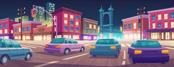 Cars Driving Night City Street Cartoon Illustration Vector Design Autos —  Vetores de Stock
