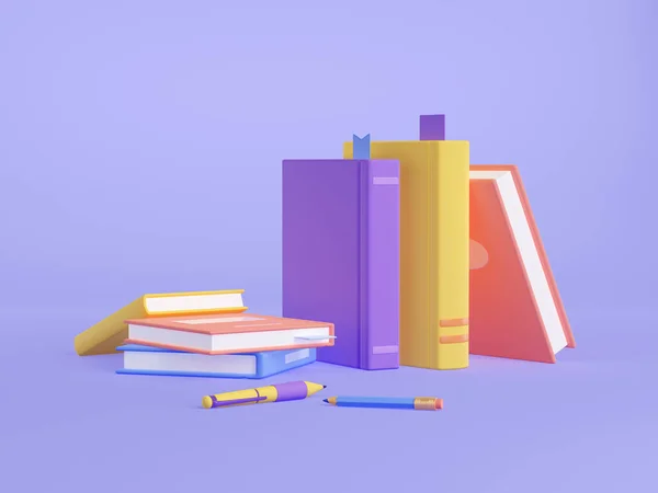Render Books Textbook Stack Pencil Pen Purple Background Colorful Schoolbooks — Stockfoto