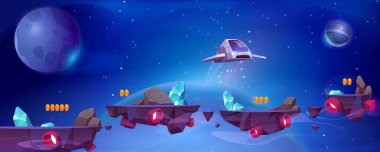 Space game background with spaceship and floating islands in cosmos. Galaxy with alien planets, stars, flying platforms with gold coins and shuttle, vector cartoon illustration for game level
