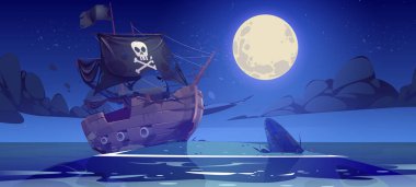 Small island in sea with broken pirate ship at night. Vector cartoon illustration of ocean beach landscape with abandoned old wooden corsair boat with black flag and sails after shipwreck