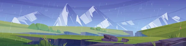 Mountain landscape with meadows and chasms in rain. Summer panorama with white rocks on horizon, green grass and land cracks after earthquake at rainy weather, vector cartoon illustration