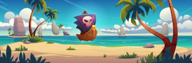 Sea lagoon with wooden pirate ship with black sails with skull. Tropical island sand beach landscape with palm trees, mountains and corsair boat on water, vector cartoon illustration
