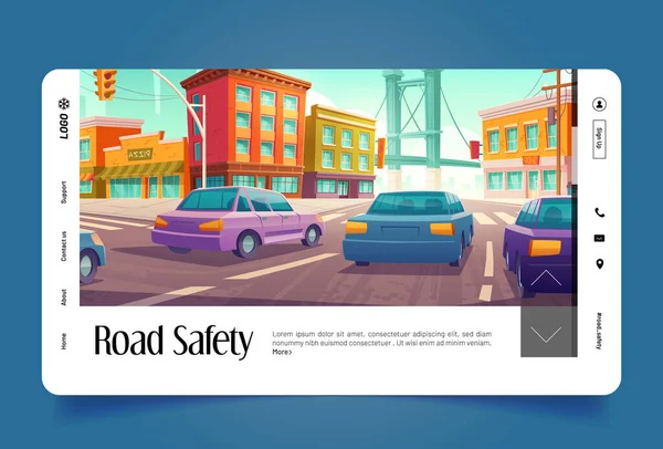 Road Safety Landing Page Template Vector Cartoon Illustration Many Cars — ストックベクタ