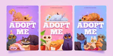 Adopt me posters with cute homeless cats in pet shelter. Funny fluffy kittens lying on pillow, sitting in cardboard box, entangled in yarn, vector cartoon illustrations for animal adoption banners