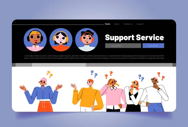 Support Service Banner Operators Avatars Pensive People Question Marks Vector — ストックベクタ