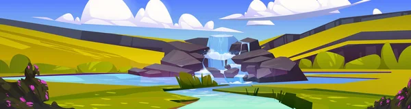 Waterfall cascade at beautiful nature cartoon panoramic landscape. River stream flowing from rocks and fall to creek or lake with green hills and fields under blue sky with clouds, Vector illustration