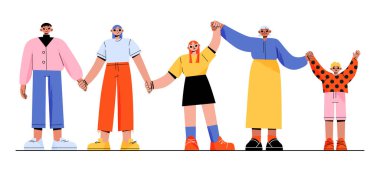 Happy people holding hands together. Senior, adult, young and kids characters group togetherness, happiness, friendship concept with men and women unity stand in row Line art flat vector illustration