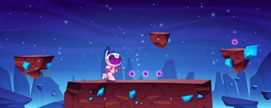 Uzaylı gezegen manzarasında astronotla bir uzay oyunu. Kaya platformlarında sevimli kozmonot atlayışıyla gezici atari salonu kozmos çizgi filmi 2d gui macera, Vektör illüstrasyonunda bonus ve varlık eşyaları topluyor.