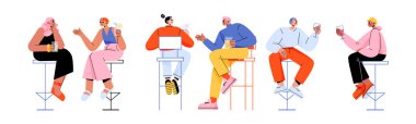 People in bar sitting on high chairs drinking alcohol or refreshing beverages. Young male and female characters with wineglasses communicate, dating, celebrate party, Line art flat vector illustration