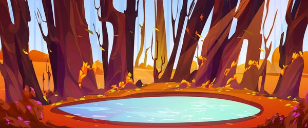 Sonbahar Ormanı Çizgi Filmindeki Berrak Göl Manzarası Turkuaz Gölet Ağaçların — Stok Vektör