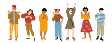 People with hand gestures, thumb up, ok, victory, heart and raise arms. Diverse happy characters show symbols of okay, like and love with hands, vector flat illustration clipart