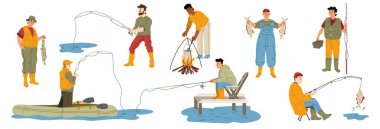 Balıkçı hobisi seti, teknede balık tutmak, kazanda yemek pişirmek. Elinde olta olan, sandalyede oturan bir erkek karakter. Eğlence amaçlı yaz aktivitesi, çizgi film çizgi filmi düz vektör çizimi