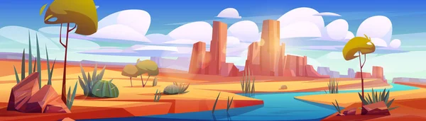 River in desert, beautiful oasis landscape with rocks, water stream, sand and plants under blue sky with clouds. Cartoon background for game, deserted nature, 2d panoramic scene, Vector illustration