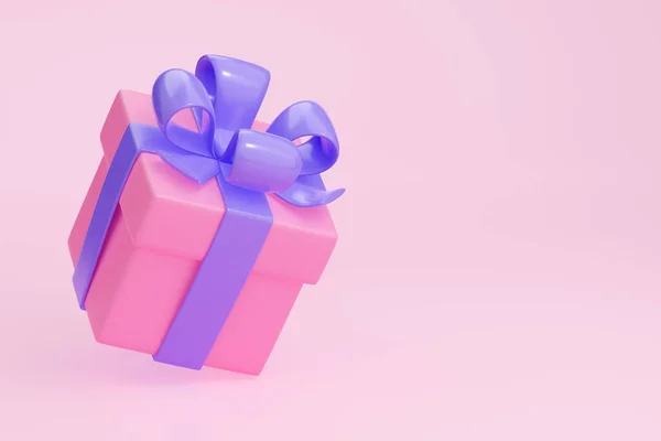 3D渲染粉红色礼品盒与紫色缎带 分离包装与光泽紫色弓在彩绘背景 节日礼物 圣诞节或结婚惊喜 现实的例证 — 图库照片