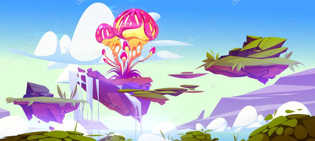 Fantasy mushroom grow on flying island with waterfall cartoon alien planet landscape. Magic game background with unusual extraterrestrial plant, fairy tale nature, strange flora, Vector illustration