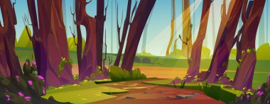 Güneşli orman çizgi filmlerindeki patika. Antik uzun ağaçları, yeşil çimenleri, çalıların üzerinde açan çiçekleri ve açık mavi gökyüzü arkaplanı olan eski güzel bir ahşap. Doğal peyzaj vektör tasarımı