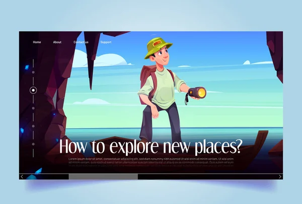 Traveler Explore New Places Cartoon Landing Page Tourist Man Flashlight — Stock Vector