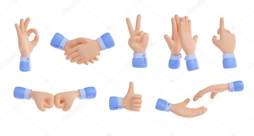3d render hand gestures ok, business handshake, peace or victory symbol. Applaud, praying, pointing Up, beating fists, thumb up and giving high-five Rendering illustration in cartoon plastic style
