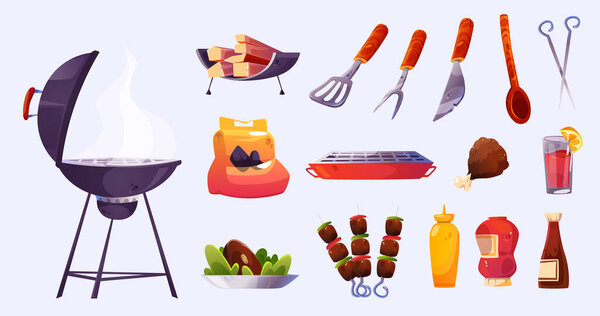 Barbecue party set with bbq grill, roast meat, sauces, fork, knife and spatula. Barbeque cooking equipment with skewers, coal, woodpile and cutlery isolated on white background, vector cartoon set