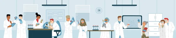 Investigación Desarrollo Laboratorios Científicos Medicina Genética Química Bioquímica Científicos Trabajando — Vector de stock