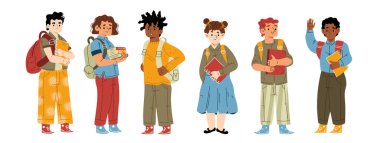 Sırt çantalı ve ders kitaplı çocuklar ya da öğrenciler. Ergen erkek ve kız karakterler kitaplarla aynı sırada dururlar. Çocuk eğitimi, öğrenim ya da öğrenim, okula dönüş çizgisel düz vektör kümesi