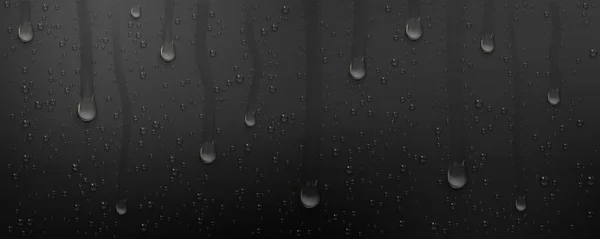 黒いガラスの背景にぬれた歩道で結露水が落ちる 暗い窓の表面に雨滴をスライディング 散乱純粋なアクアブロブパターン 抽象的なテクスチャ 現実的な3Dベクトルイラスト — ストックベクタ