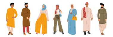 Genç Arap insanlar vektör illüstrasyon seti. Geleneksel Müslüman giysileri giyen, beyaz arka planda izole edilmiş düz erkek ve kadın karakterlerin toplanması. Modern fislamic etnik moda