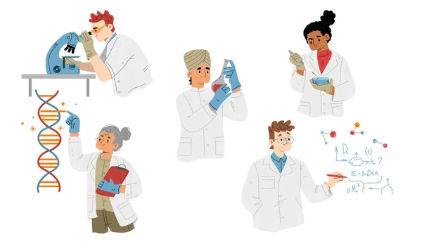 Eine Reihe Von Laboranten Flache Charaktere Unter Dem Mikroskop Untersuchung — Stockvektor