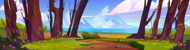 Ormandaki toprak yolu ve dağ gölü manzaralı çizgi film manzarası. Ağaç gövdeleri, kayalar, yeşil çimenler, çalılar ve yerdeki güneş lekeleri ile yaz doğa arka planı, vektör illüstrasyonu