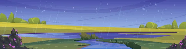 Nature landscape with river mouth flow into pond at summer rain or storm. Lake in green fields with grass and bushes under dull grey sky. Panoramic background for game, Cartoon vector illustration
