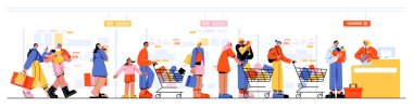 İnsanlar süpermarkette kuyruğa giriyor. Alışveriş arabalarında malları olan müşteriler tezgâhta tezgâhtar kadınla birlikte sırada bekliyor. Market, alışveriş, satış, alışverişler ve gıda alışverişleri, Line Art Düz Vektör Resimleri