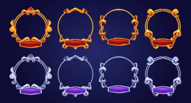 Avatar için Ui oyun çerçeveleri, altın ve gümüş yuvarlak kenarlı süslü jantlar ve isim plakları. Ortaçağ Rpg, mmo oyunu veya uygulaması için izole çizgi film grafik tasarım gui elementleri, Vektör illüstrasyonu, ayarla