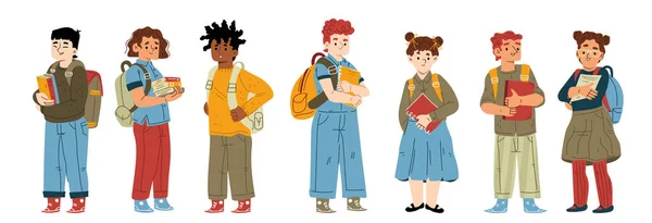 学校の学生 バックパックや本でかわいい子供たち 多様な男の子と女の子 一緒に勉強する生徒 白い背景に隔離されたクラスメート ベクトルフラットイラスト — ストックベクタ