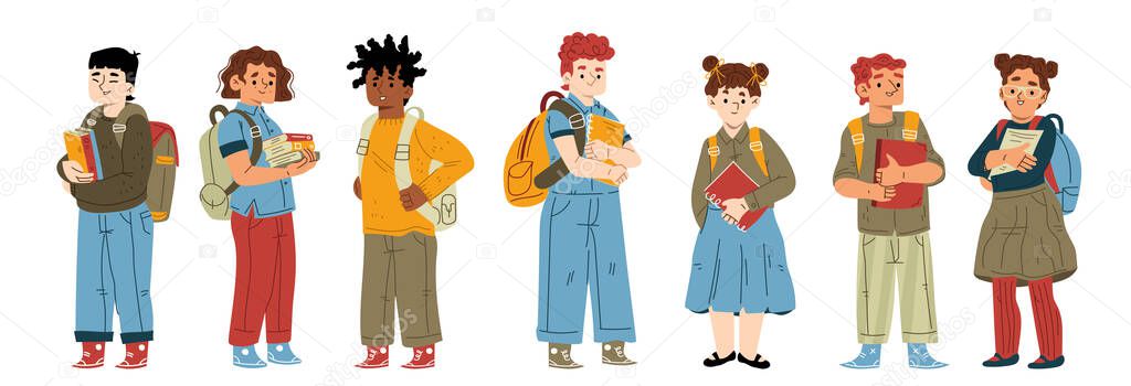 School students, cute children with backpacks and books. Diverse boys and girls, pupils studying together, classmates isolated on white background, vector flat illustration