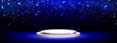 Düşen konfetiyle podyum, mavi ışıklı, parlak, yuvarlak altın bir platform. Ürün sunumu için aşama ya da kazanan zafer kutlaması. Vektör arkaplanı, gerçekçi 3D sahne ve spot ışıkları