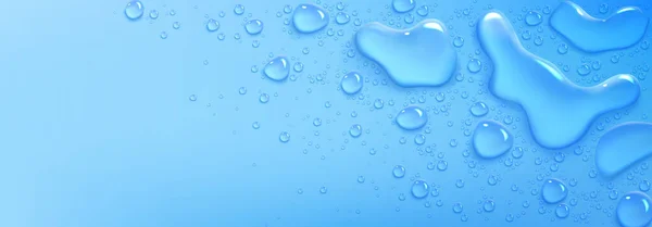 水が落ち 青い背景に水溜りのトップビューをこぼす スプレー液滴と散布アクア液体スプラッシュ スキンケア化粧品 水分補給スポット ゲルまたはコラーゲンのテクスチャ 現実的な3Dベクトルイラスト — ストックベクタ