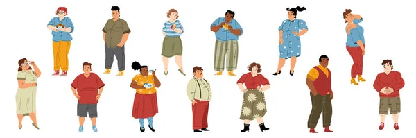 白い背景に隔離された不健康な食品と体の正の脂肪の人々 太りすぎの異なる人 プラスサイズの男性と女性ケーキと ハンバーガーとドーナツ ベクトルフラットイラスト — ストックベクタ