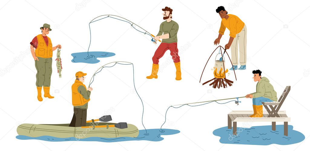 Set of men fishing isolated on white background. Collection of fishermen with rod standing near lake, in boat, sitting on pierce, cooking on open fire, enjoying outdoor hobby. Flat vector illustration