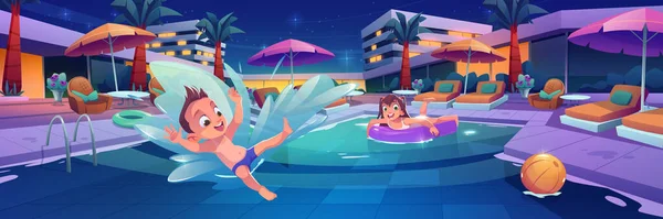 子供たちは高級ホテルのプールで泳いだり遊んだりします 幸せな男の子が水に飛び込むとプールの夏の風景 夜に膨脹可能なマットレスの上の女の子 ベクトル漫画のイラスト — ストックベクタ
