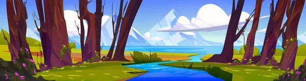Cartoon Landscape Stream Flow Mountain Lake Tree Trunks Green Grassy — Stock Vector