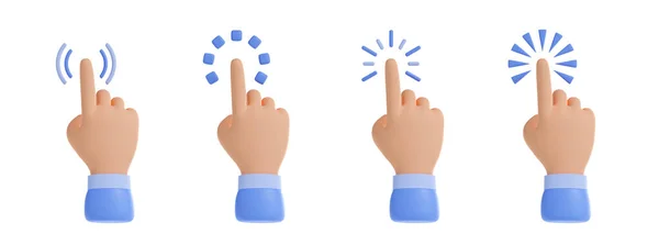 白い背景に隔離された手ポインタカーソルの3Dイラストセット タッチやクリック効果の異なる人間の指のアイコンのコレクション ソフトウェアのユーザーインターフェイス要素のバンドル — ストック写真