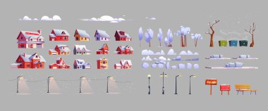 Kış kenti inşaatçıları, sokak lambaları, ağaçlar ve çalılar, atık konteynırlar, banklar, kar ve bulutlarla kaplı tabelalar. Çizgi film kasaba tasarım elemanları vektör illüstrasyonu