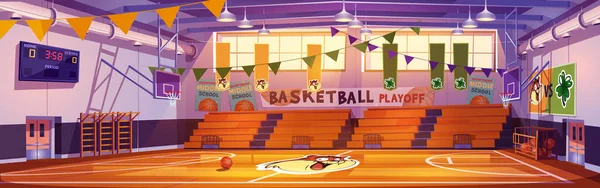 バスケットボールコートのインテリア 学校のスポーツアリーナや木製の床にフープ ボール マスコットとプレーオフチームゲームのためのホール スコアボードと空のファン部門の席 屋内スタジアム漫画ベクトルイラスト — ストックベクタ