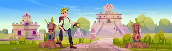 Hombre Turista Explorar Antiguas Ruinas Aztecas Paisaje Verano Pueblo Abandonado — Vector de stock