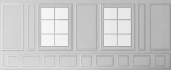 豪華なビクトリア様式の窓 空のヴィンテージルームインテリア 正方形と長方形の成形スタッコパネルを持つ背景を持つ白い壁 古代英語のスタイルで家 Realistic 3Dベクトルモックアップ — ストックベクタ