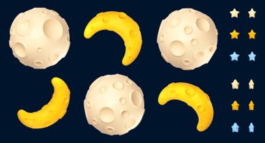 Full and crescent moon in different position, white, yellow and blue turning stars isolated on dark background. Planet symbol, satellite with craters, 3d render illustration clipart